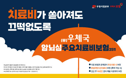 우정사업본부 우체국보험
치료비가 쏟아져도 끄떡없도록
(무) 우체국암뇌심주요치료비보험 2511
치료방법과 관계없이 주요치료 시 보장
중입자방사선치료비 보장(특약 가입 시)
진단 후 10년간 전이 재발 치료까지 보장
보험계약 체결 전 상품설명서 및 약관참고