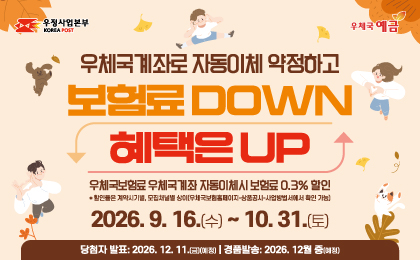우체국계좌로 자동이체 약정하고 보험료 DOWN 혜택은 UP
우체국보험료 우체국 계좌 자동이체 보험료 0.3% 할인
* 할인율은 계약시기별, 모집채널별 상이(우체국보험홈페이지-상품공시-사업방법서에서 확인 가능)
이벤트 기간 : 2026. 9. 16.(수) ~ 10. 31.(토)
당첨자 발표 : 2026. 12. 11.(금)(예정)
경품발송 : 2026. 12월 중(예정)